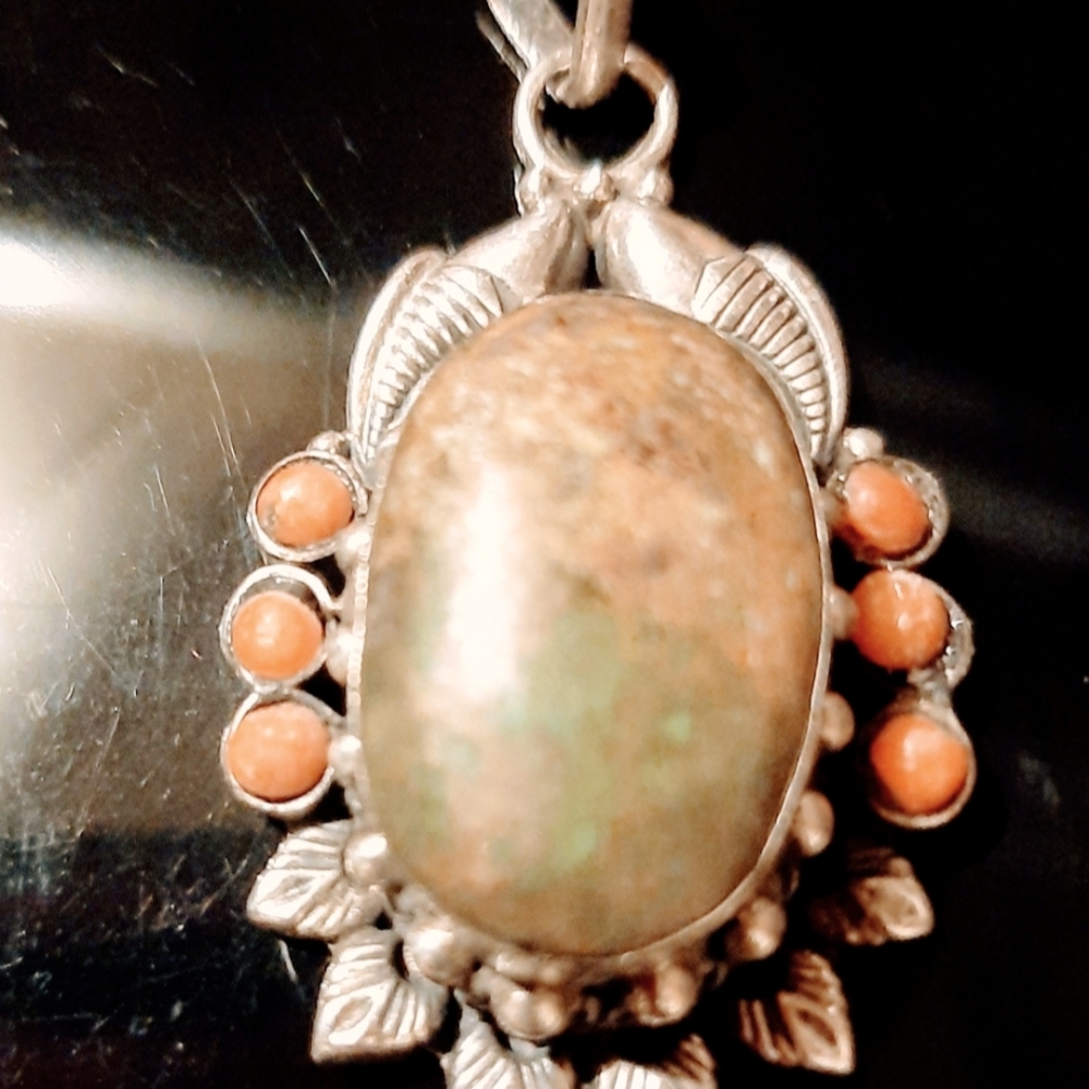 925 Sterling Silver Tibetan Nepal Turquoise & Coral Pendant Necklace